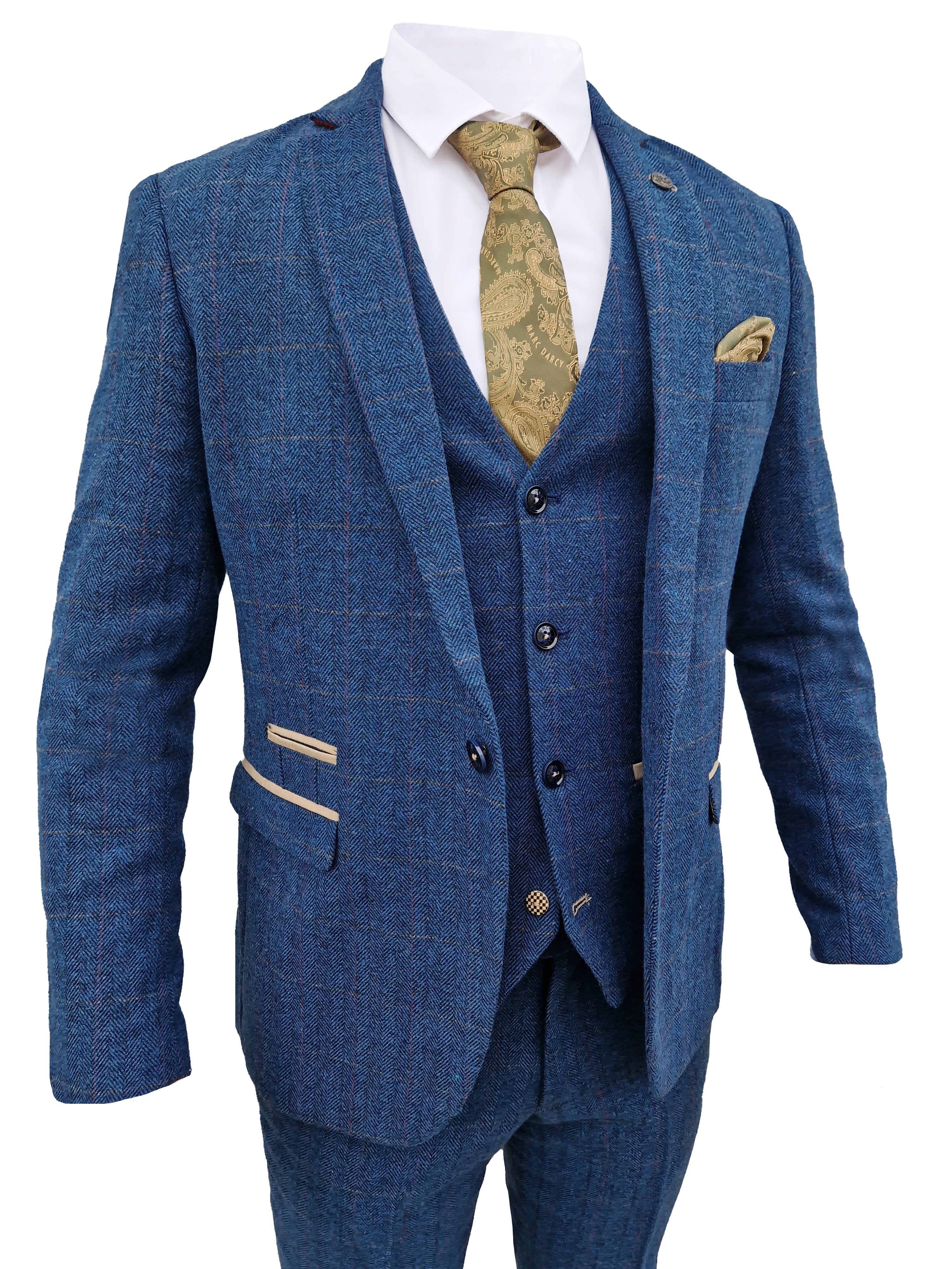 Pánsky oblek trojdielny Dion blue herringbone - trojdielny oblek