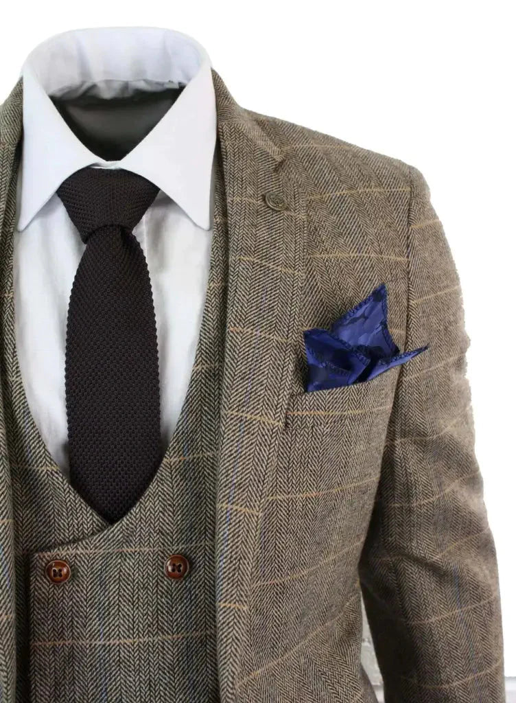 3-dielny oblek s dvojradovým zapínanim, hnedý s herringbone vzorom, klasický