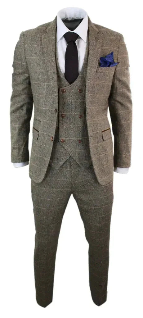 3-dielny oblek s dvojradovým zapínanim, hnedý s herringbone vzorom, klasický