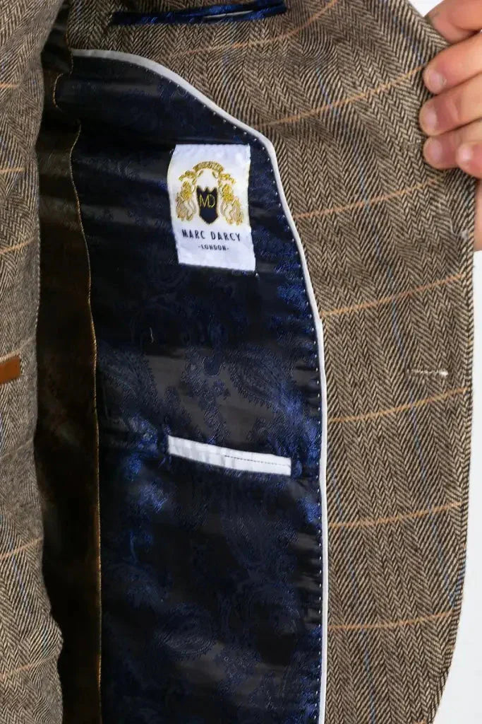 3-dielny oblek v štýle Peaky Blinders, hnedý s klasickým herringbone vzorom