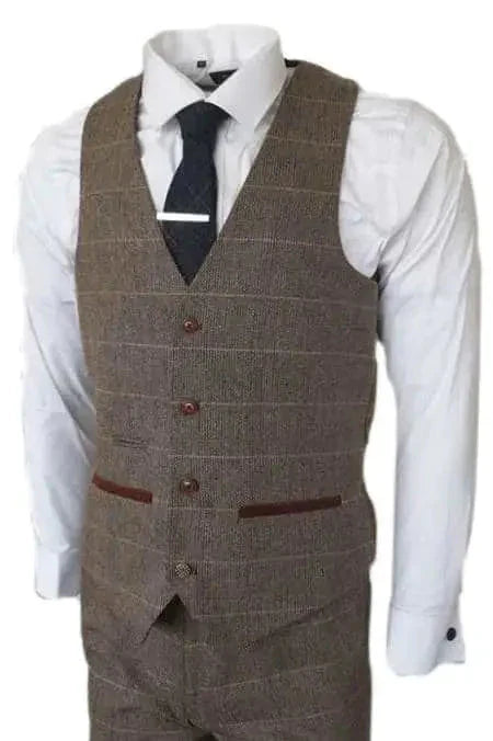 3-dielny oblek v štýle Peaky Blinders, hnedý s klasickým herringbone vzorom