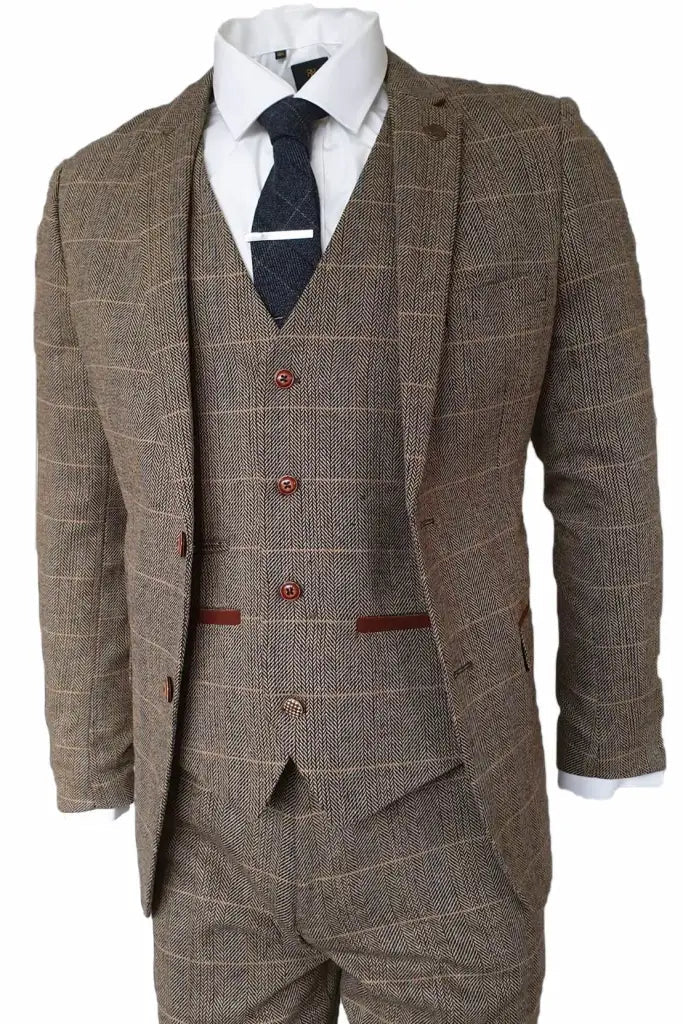 3-dielny oblek v štýle Peaky Blinders, hnedý s klasickým herringbone vzorom