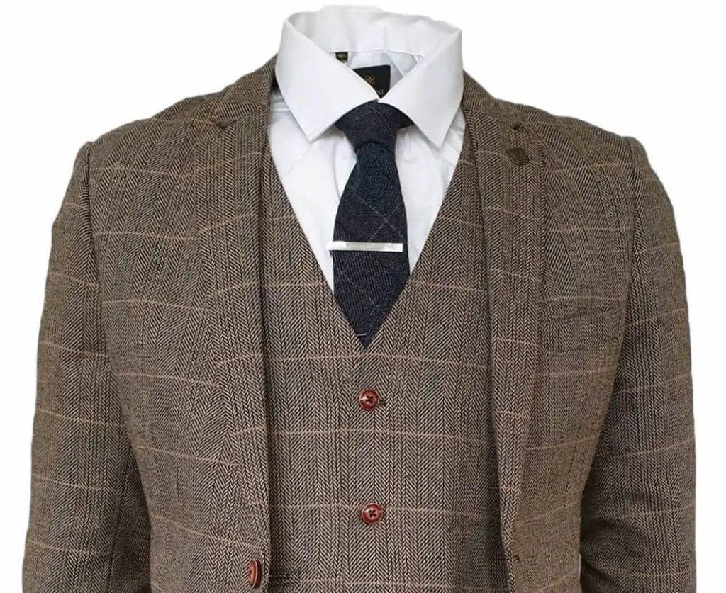 3-dielny oblek v štýle Peaky Blinders, hnedý s klasickým herringbone vzorom