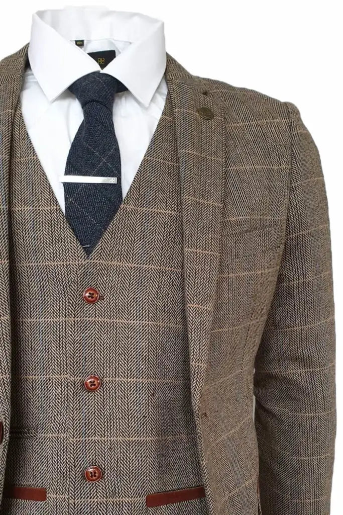 3-dielny oblek v štýle Peaky Blinders, hnedý s klasickým herringbone vzorom